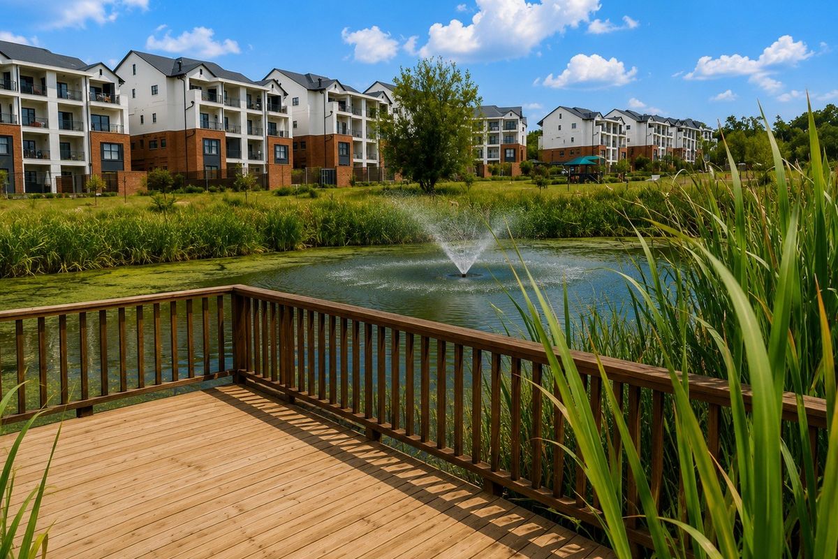 A scenic view of a wooden deck overlooking a tranquil pond with a water fountain, set against a backdrop of modern apartment buildings.