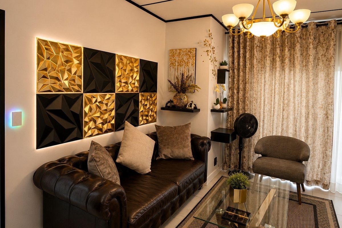 A well-lit living room featuring decorative geometric wall panels, a classic chandelier, and tiled flooring, creating a sophisticated and modern atmosphere.