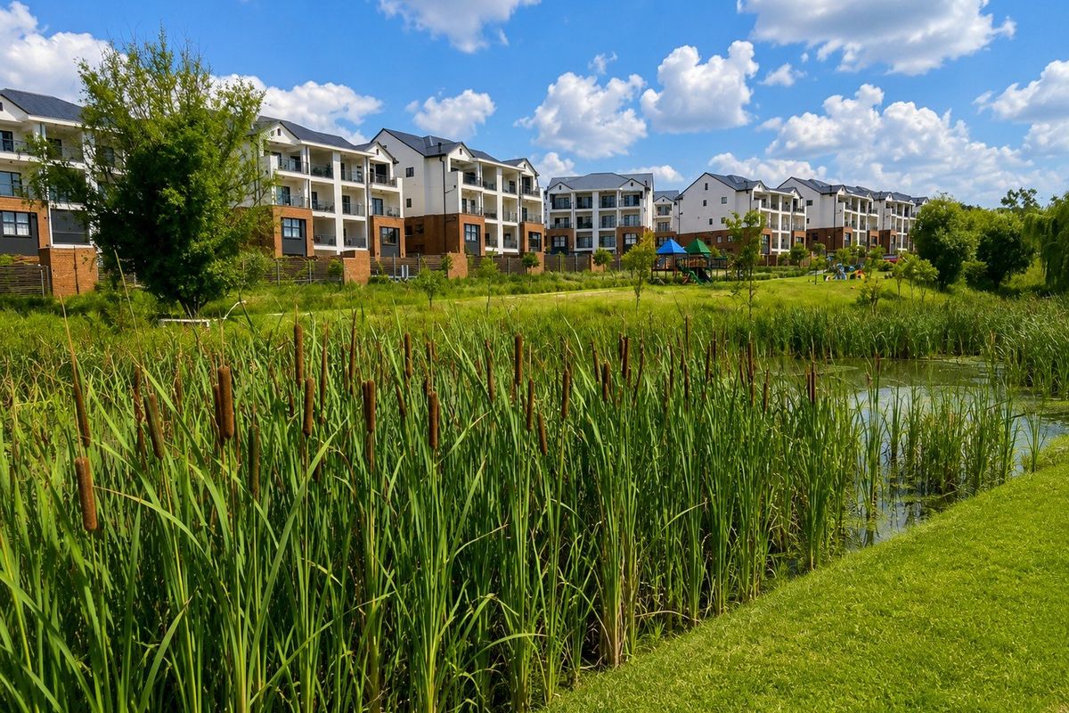 A scenic view of modern apartment blocks overlooking a landscaped wetland area with lush greenery and a communal playground.