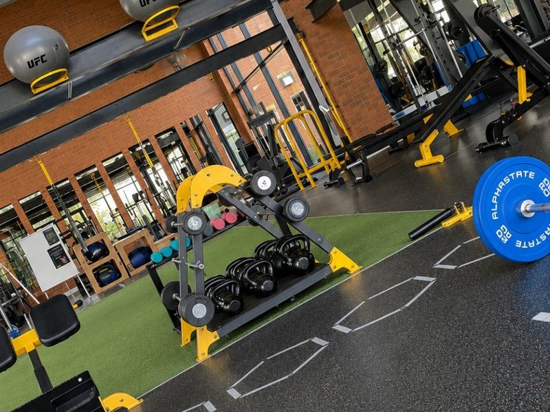 A modern, well-equipped gym facility featuring exposed steel beams, timber roof trusses, and a combination of rubberized flooring and artificial turf.