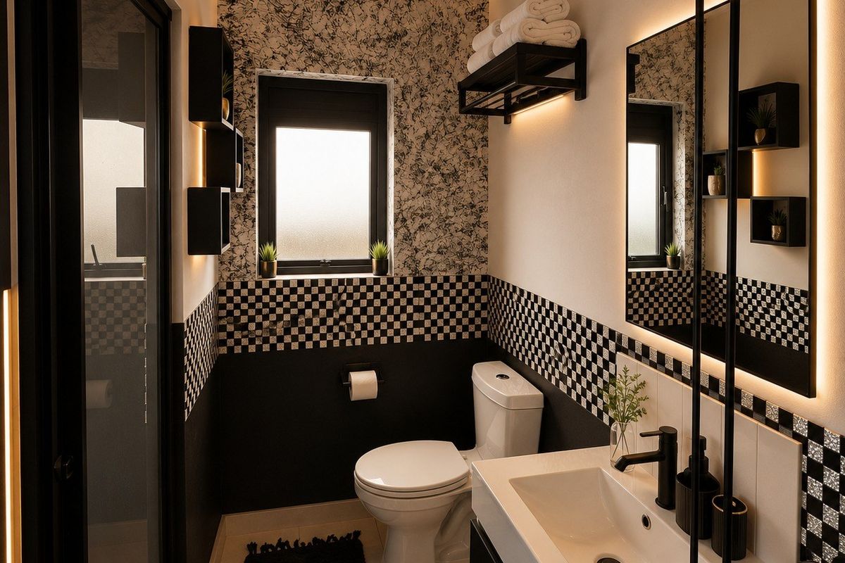 Modern bathroom featuring a vanity with basin, toilet, patterned wall tiles, and integrated LED mirror lighting.