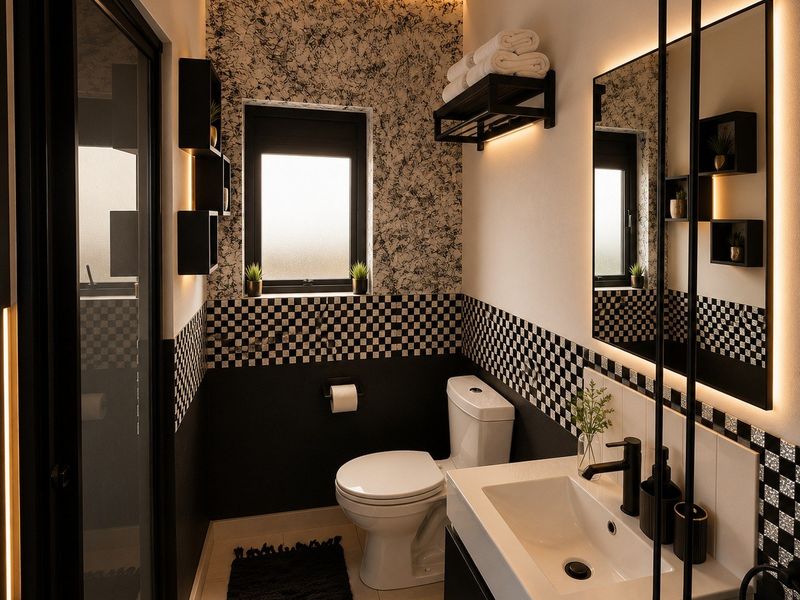 Modern bathroom featuring a vanity with basin, toilet, patterned wall tiles, and integrated LED mirror lighting.