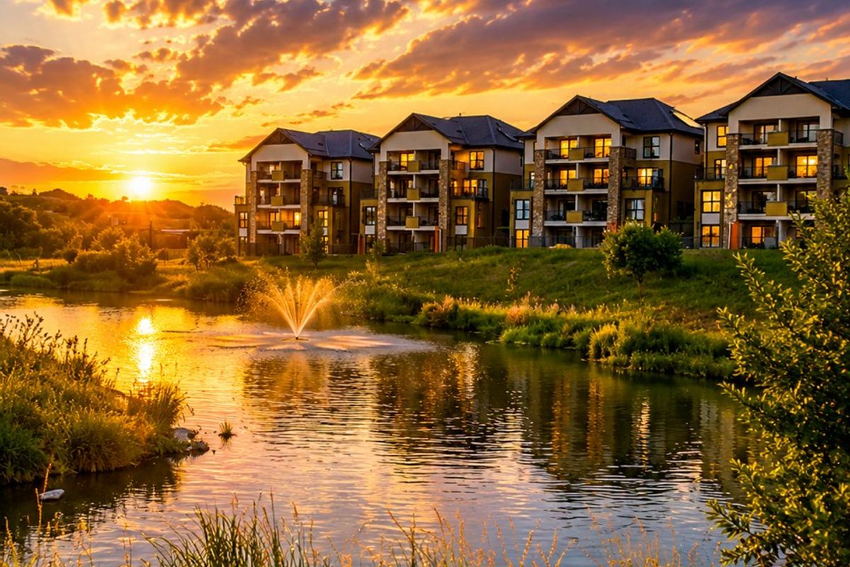 A scenic view of an apartment complex at sunset, featuring a landscaped pond with a water fountain and well-maintained building exteriors.
