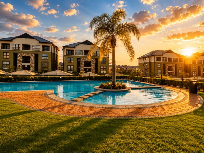 A well-maintained communal swimming pool area featuring a central palm tree, paved decking, and landscaped gardens set against apartment buildings at sunset.