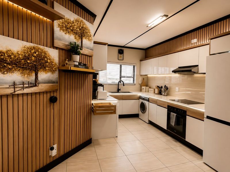 Modern, well-appointed kitchen featuring sleek white cabinetry, slatted timber wall accents, integrated appliances, and high-quality finishes throughout.