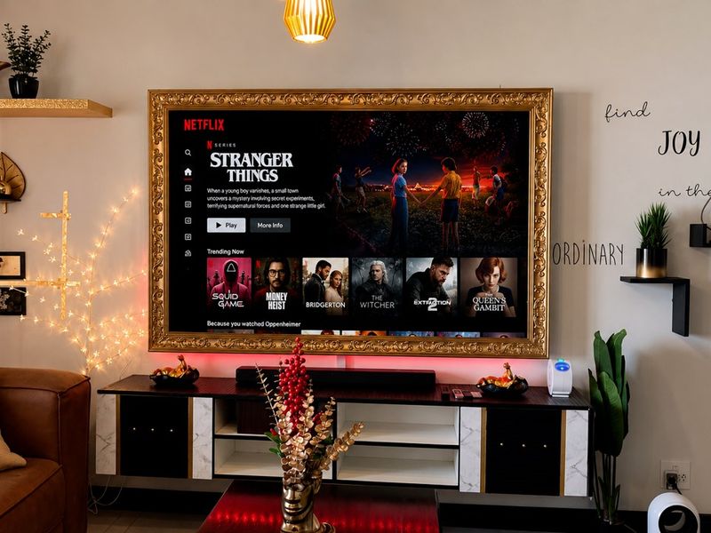 A well-appointed living room featuring a wall-mounted television with a decorative gold frame, floating shelving, and a modern media console with integrated lighting.