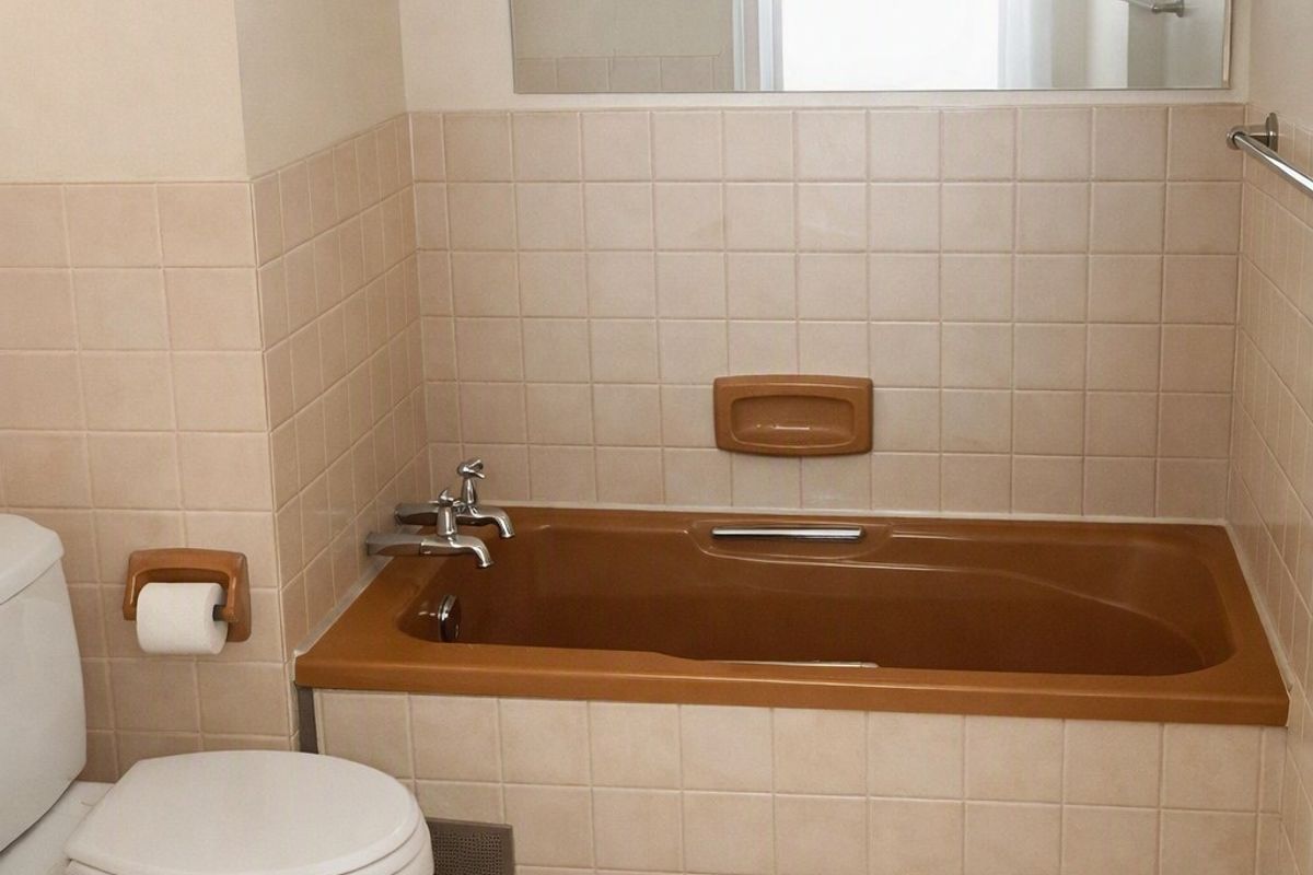 A functional bathroom featuring a built-in bathtub, toilet, and wall-mounted mirror with neutral tiled finishes.