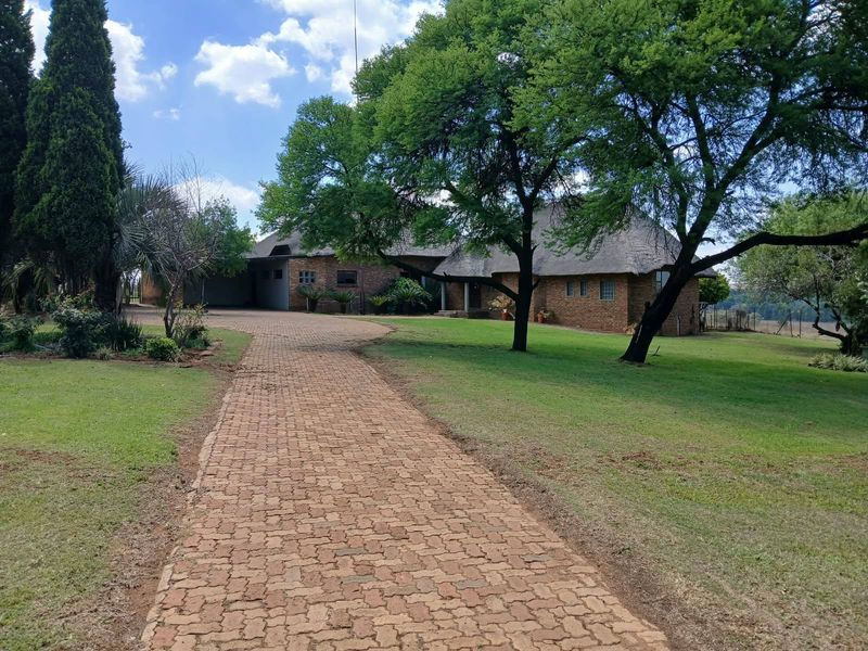 A charming farm-style residence featuring a classic thatched roof and face brick exterior, approached by a long brick-paved driveway set within a spacious garden.