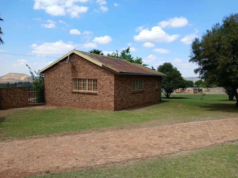 A detached face brick outbuilding on a farm property, featuring a corrugated metal roof, steel-framed windows with security bars, and surrounding lawn.