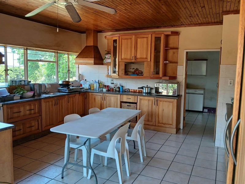 Spacious kitchen featuring timber cabinetry, a timber-clad ceiling with a ceiling fan, tiled flooring, and a functional layout with an adjoining scullery area.