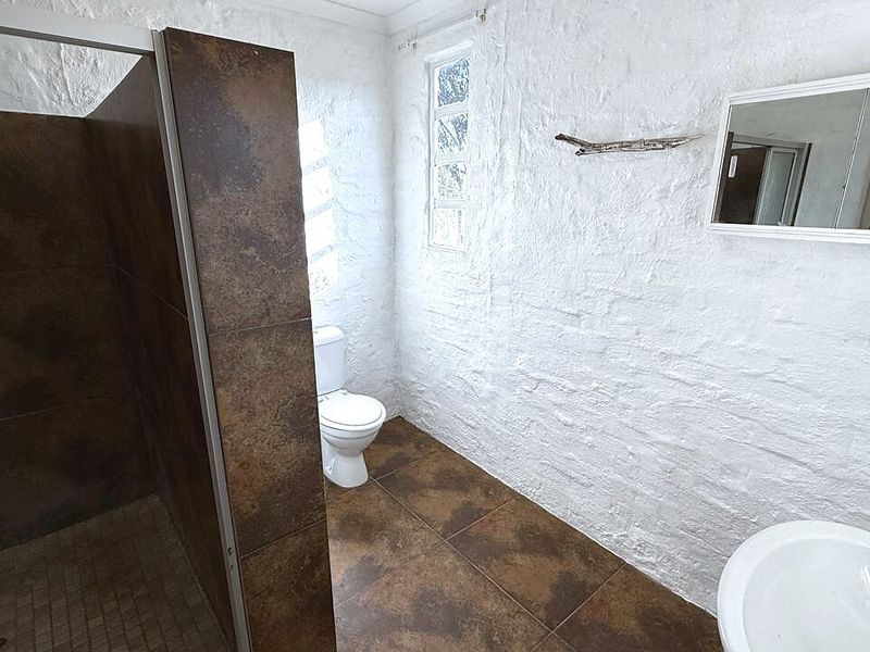 A functional bathroom featuring a walk-in shower with dark tiling, a pedestal basin, and a toilet, finished with textured white walls.