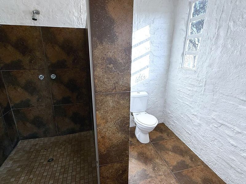 A bathroom featuring a walk-in shower with dark tiled walls, a toilet, and textured white walls with tiled flooring.