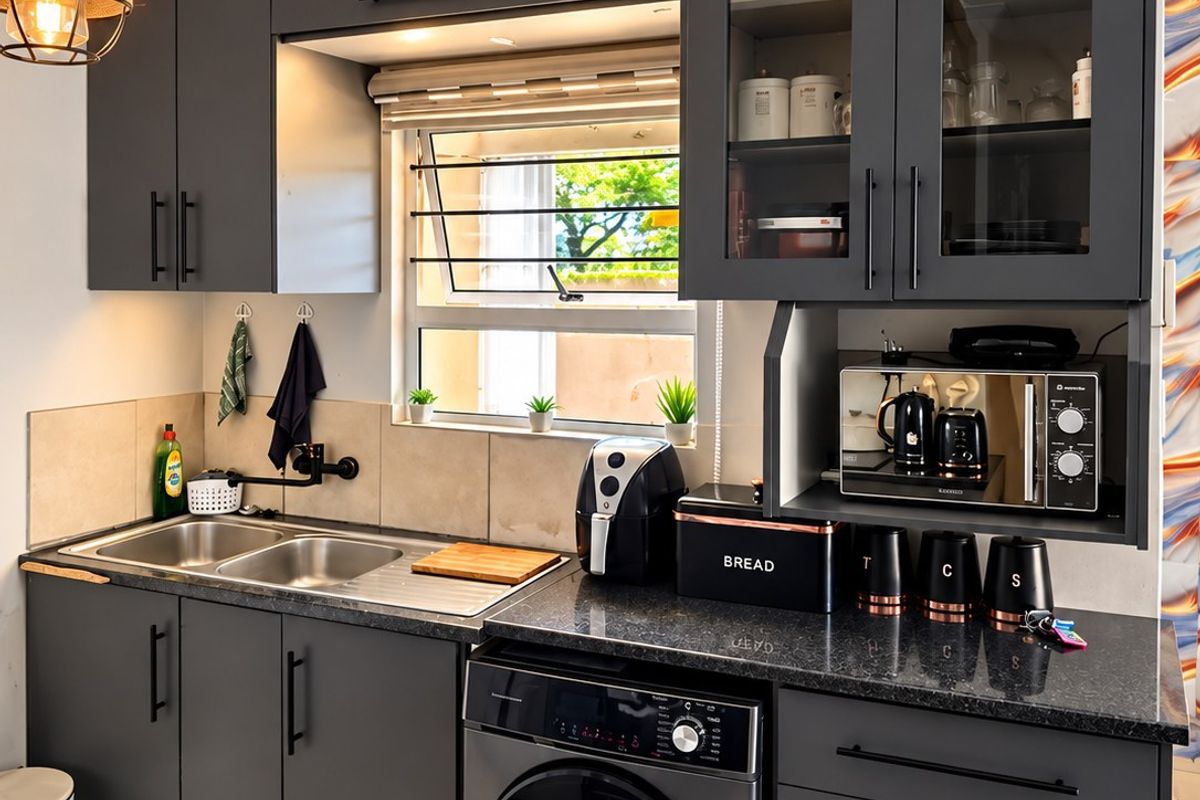 Modern kitchen featuring dark grey cabinetry, granite countertops, a double sink, and integrated appliances with a clean, contemporary finish.
