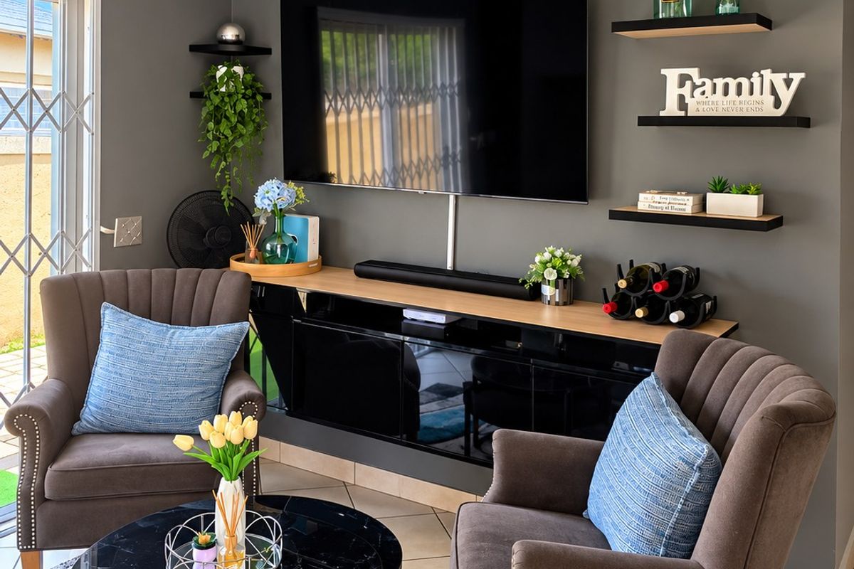 A well-maintained living room featuring tiled flooring, a sliding glass door with security gate, and modern wall-mounted shelving.