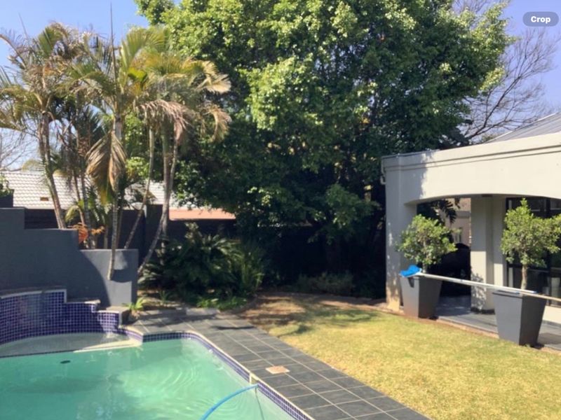 Outdoor pool area featuring a tiled surround, adjacent covered patio, and established garden landscaping.