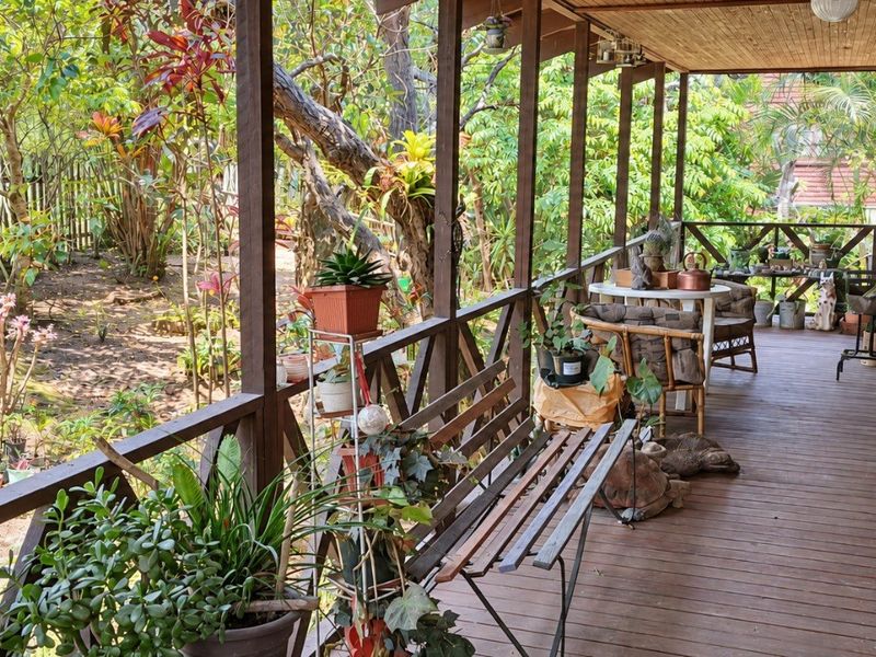 A covered timber patio featuring log wall cladding and a wooden balustrade, overlooking a lush, established garden area.