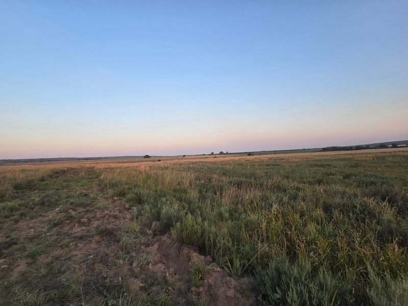 A wide-angle view of the expansive open farmland and natural landscape under a clear evening sky.