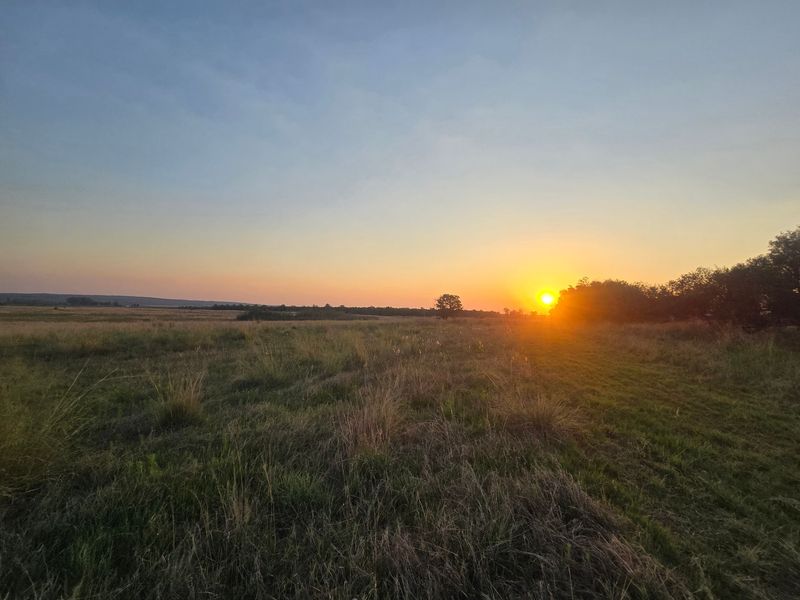 A scenic view of the expansive farm landscape at sunset, showcasing the natural beauty and open space of the property.