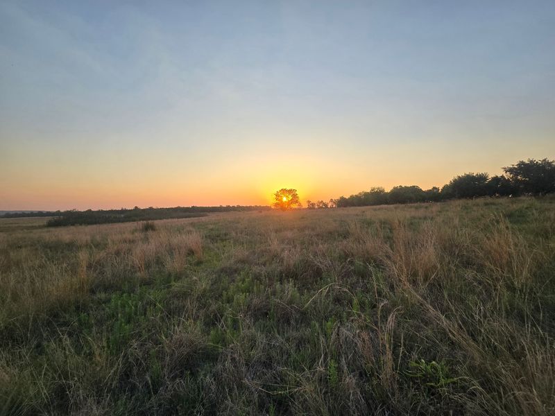 A scenic view of the expansive farm landscape at sunset, showcasing the natural terrain and open fields.
