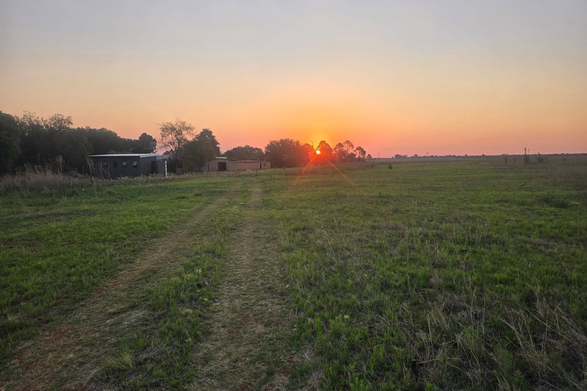 A scenic view of the farm landscape at sunset, showcasing the open fields and distant outbuildings.