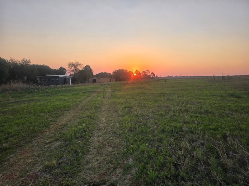 A scenic view of the farm landscape at sunset, showcasing the open fields and distant outbuildings.