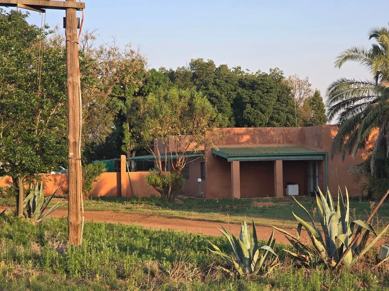 A view of the rear exterior of the farm building, featuring a covered patio area, perimeter wall, and mature garden surroundings.