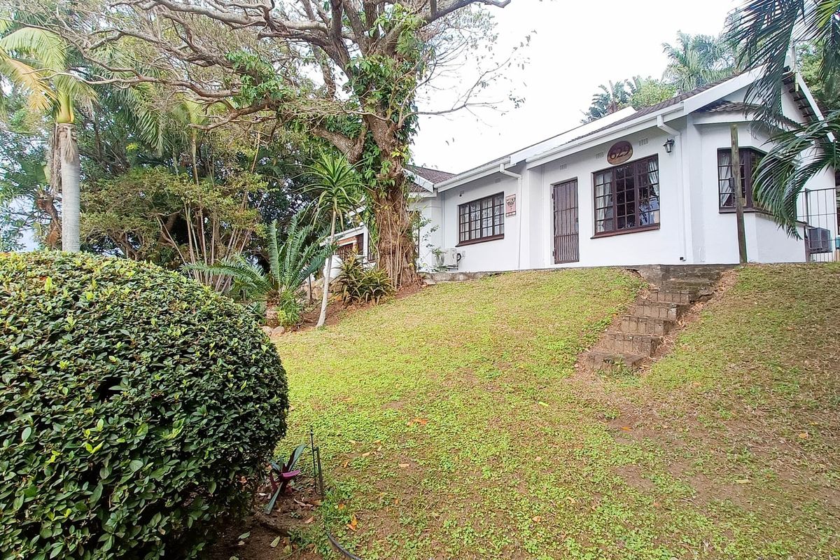 A view of the property's exterior side elevation, featuring a sloped lawn, mature trees, and concrete steps leading to the building entrance.