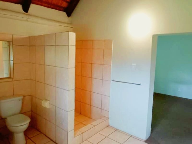 A functional bathroom featuring a walk-in shower enclosure, a wall-mounted basin, and a toilet, with neutral tiling and a vaulted ceiling.
