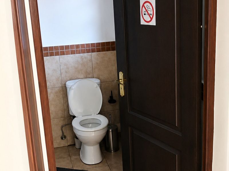 A compact bathroom featuring tiled flooring, wall tiling, and a standard toilet, accessed via a dark wood door.