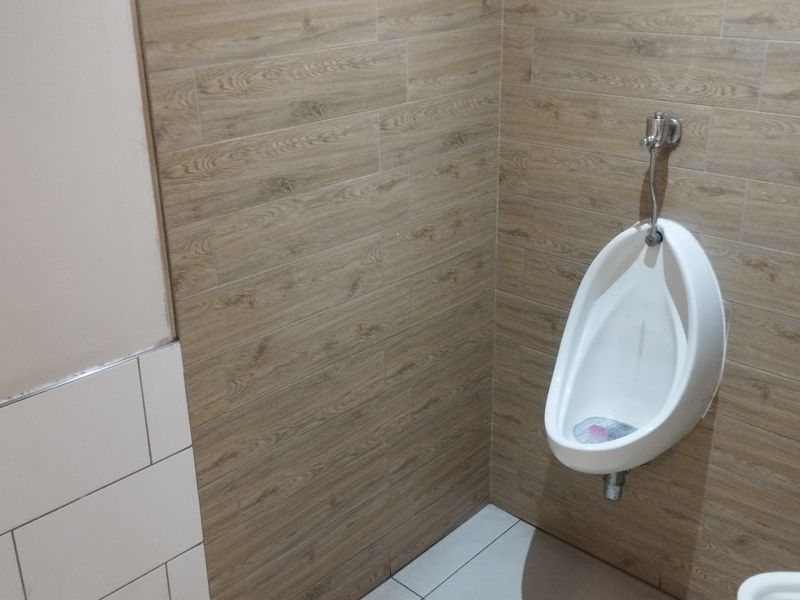 A clean commercial bathroom facility featuring a wall-mounted urinal with modern wood-look tile wall finishes.
