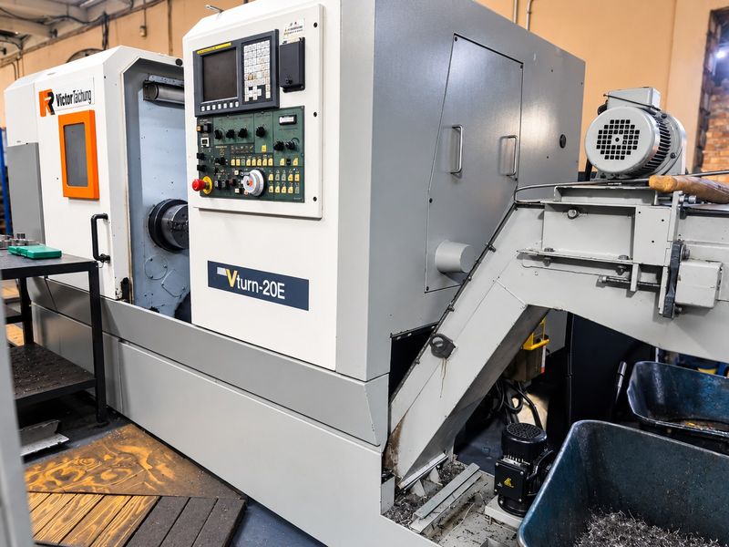 Industrial workspace featuring a Victor Taichung Vturn-20E CNC lathe machine with an integrated chip conveyor system.