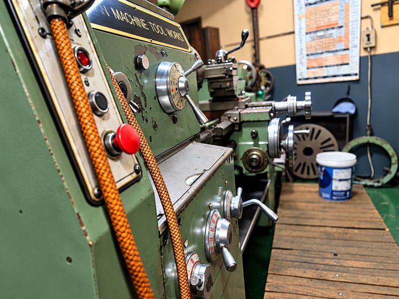 A commercial workshop space featuring industrial metalworking machinery, including a lathe, set on a raised wooden platform with durable epoxy flooring.