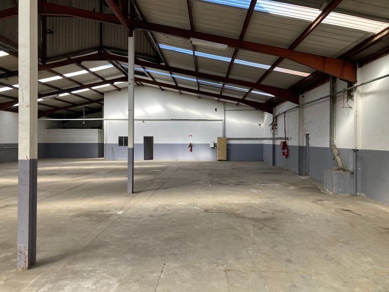 Spacious industrial warehouse unit featuring high ceilings with exposed steel trusses, skylights for natural light, and durable concrete flooring.