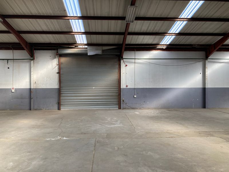 Spacious industrial warehouse unit featuring high ceilings with skylights, concrete flooring, and a large roller shutter door for easy access.