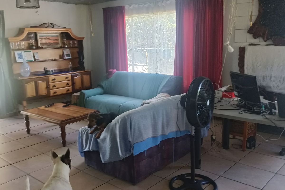 A living room featuring ceramic floor tiles and a corrugated metal ceiling, providing a rustic aesthetic.