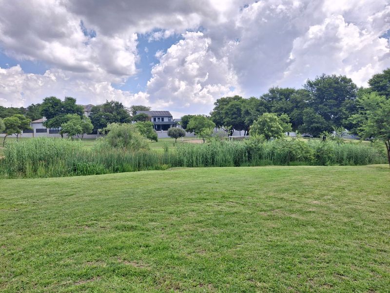 A scenic view of a well-maintained green lawn, natural reeds, and mature trees within a residential estate setting.