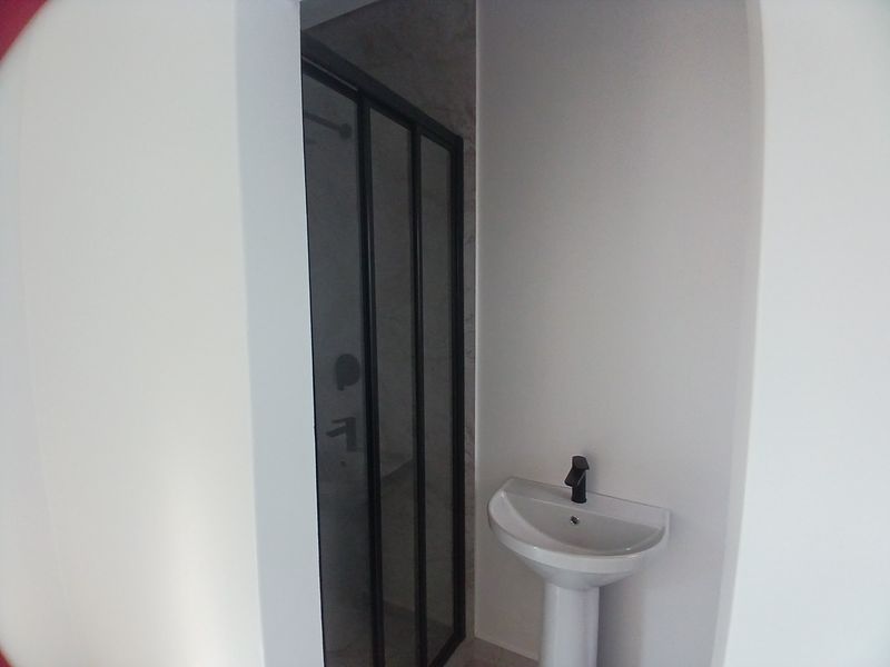 A modern bathroom featuring a pedestal basin with a black mixer tap and a shower enclosure with a black framed screen.