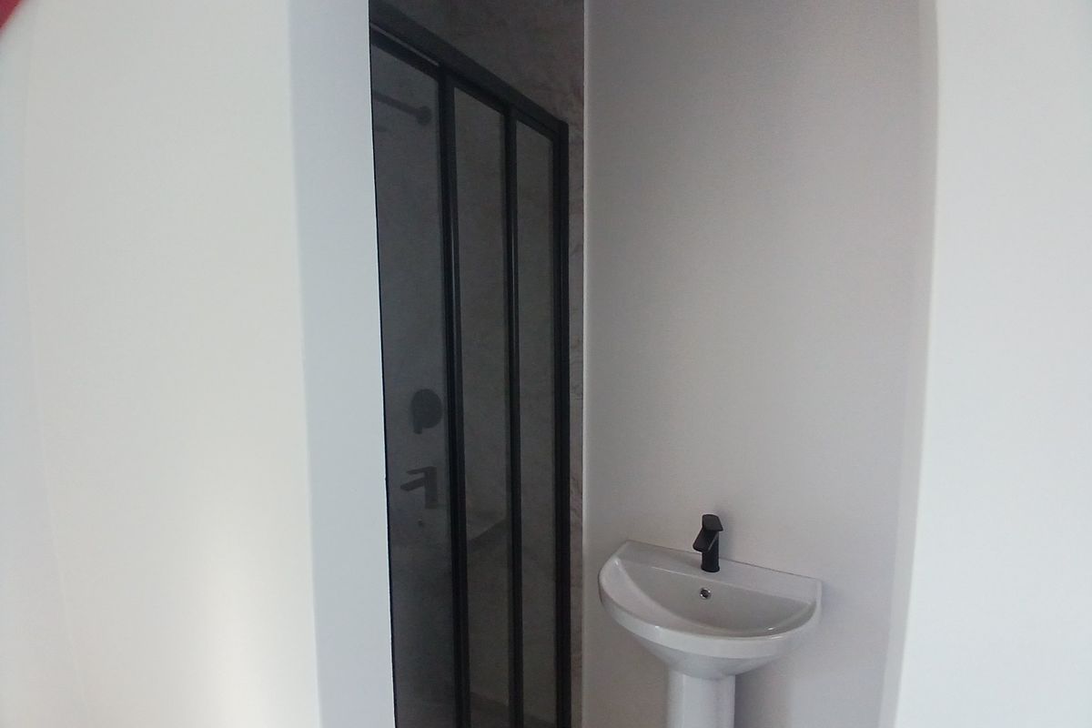 A modern bathroom featuring a pedestal basin with a black mixer tap and a shower enclosure with a black framed screen.
