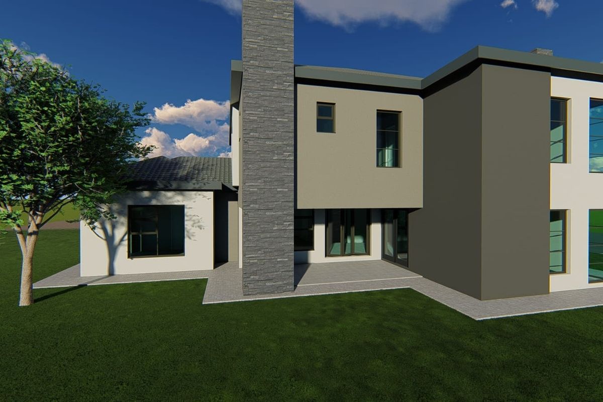A modern architectural rendering of the rear elevation featuring a prominent stone-clad chimney, paved patio area, and contemporary multi-tone exterior finishes.