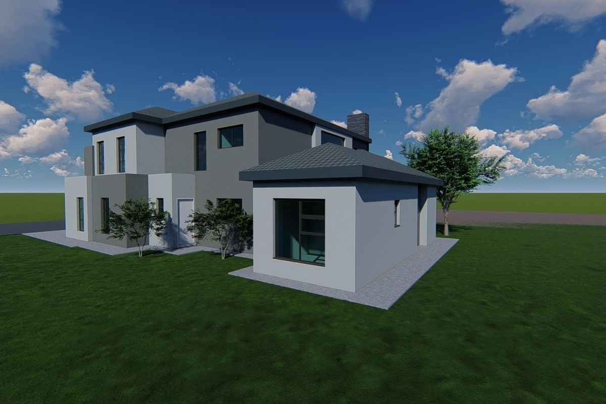 A 3D architectural rendering of a modern two-story residential house featuring a grey and white facade with a tiled roof and paved exterior pathways.