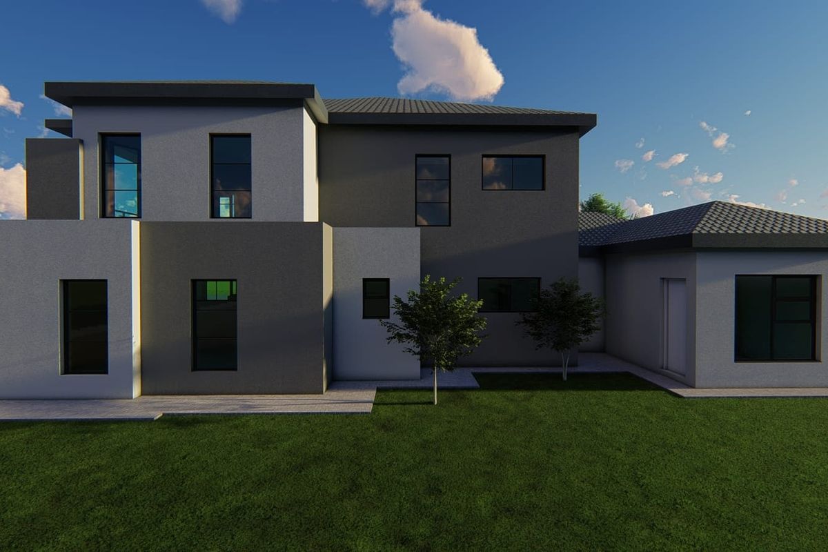 A modern two-story residential exterior featuring a contemporary grey and white facade, tiled roof, and landscaped rear garden area.