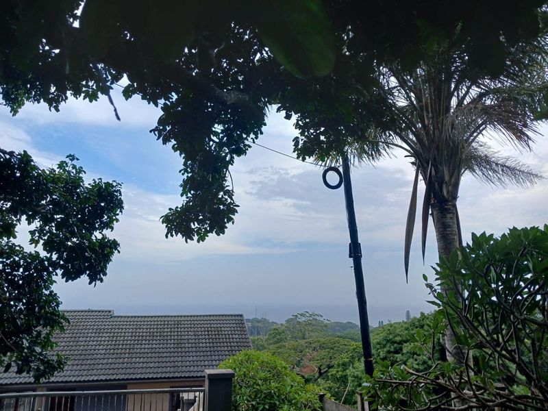 A scenic elevated view overlooking lush greenery and a residential tiled roof, framed by mature trees.