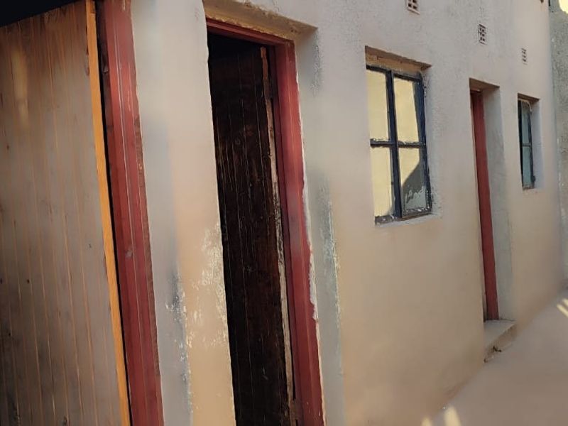 Rear exterior view of the property showing plastered masonry walls, steel-framed windows, and multiple timber access doors.