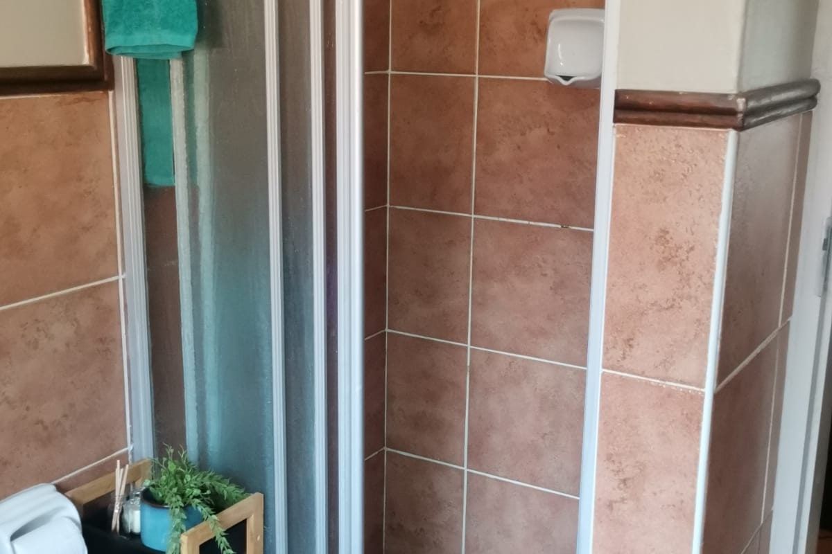 A functional bathroom shower area featuring ceramic wall tiling, a mosaic tiled shower floor, and a sliding glass shower enclosure.