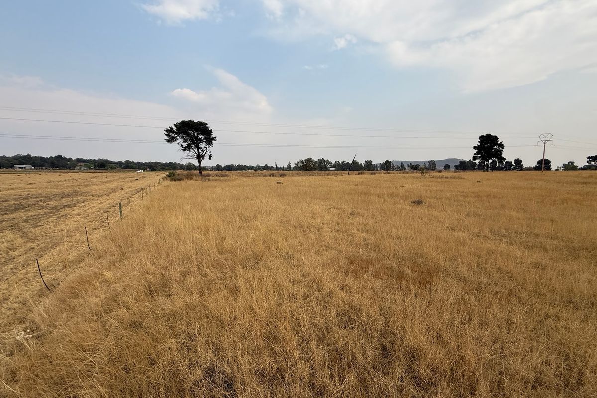 A wide-angle view of a large, flat, vacant residential plot featuring dry grass, perimeter wire fencing, and distant trees.
