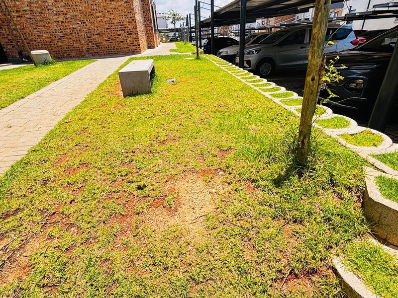 Exterior view of the apartment complex featuring a brick facade, paved walkway, and covered carport parking area with landscaped lawn.