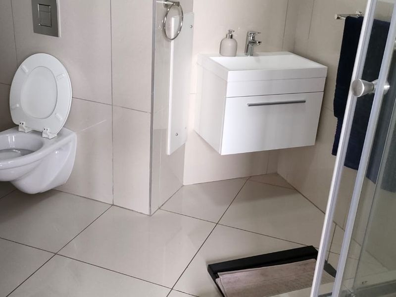 Modern bathroom featuring a wall-mounted toilet, floating vanity with basin, and a glass-enclosed shower with neutral floor and wall tiling.