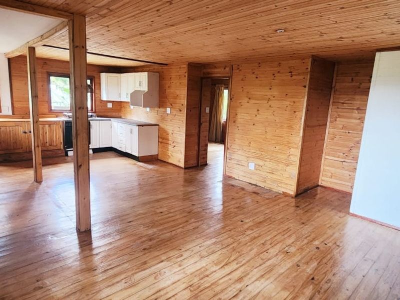 Spacious open-plan living and kitchen area featuring extensive timber wall and ceiling cladding, timber flooring, and functional kitchen cabinetry.