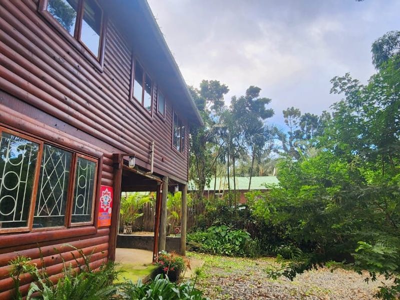 Rear view of a log-style townhouse featuring timber cladding, security-barred windows, and a concrete patio area surrounded by established garden greenery.