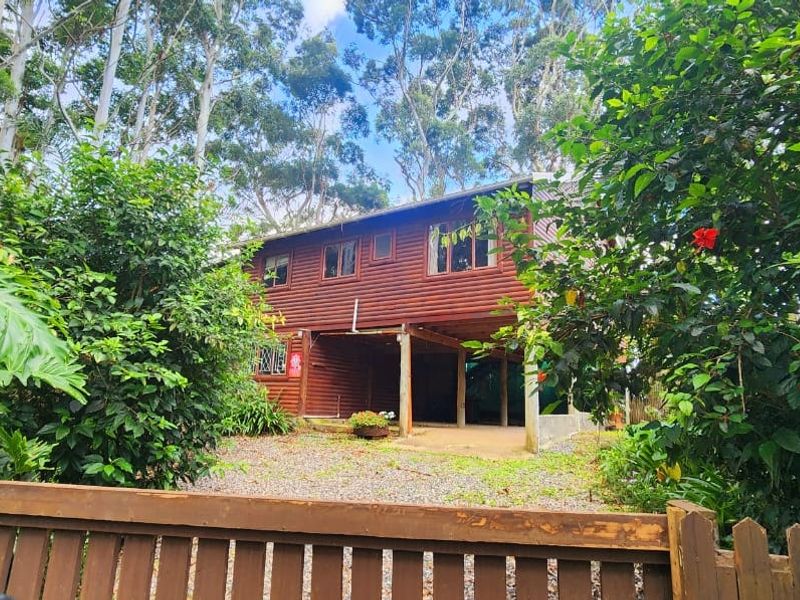 Rear view of a raised timber log townhouse featuring a covered lower patio area, surrounded by mature trees and a wooden picket fence.